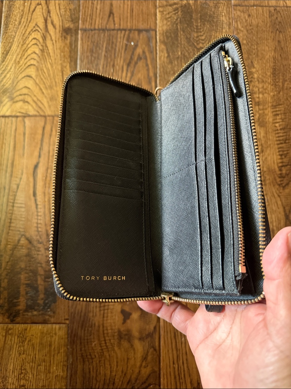 Tory Burch Black Saffiano Zip Wallet with Gold Logo - Picture 3 of 5
